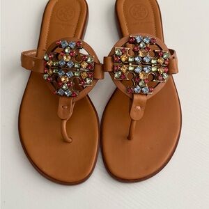 Tory Burch Tan Sandals with Colorful Embellishments